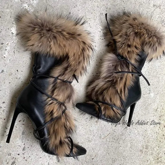 Fur Pointed Toe Black Leather Mid Calf Boots