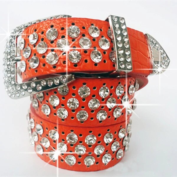 wide cowhide hollowed-out rhinestone inlaid belt