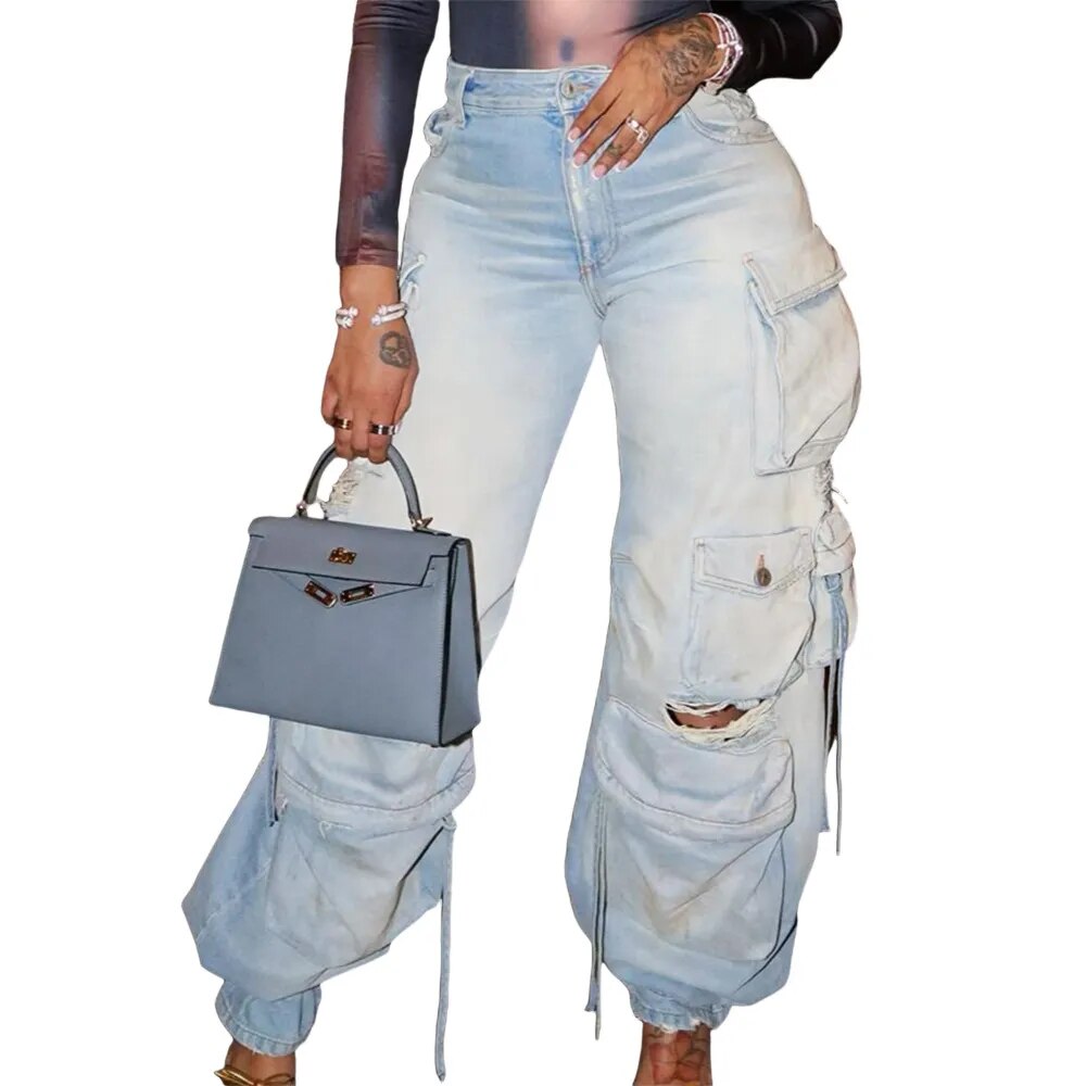 Denim Pocket Pants Wide Leg Cargo Pants