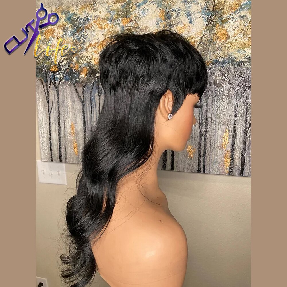 Full Machine Made Wig With Bangs Mullet  Body Wave Glueless Brazilian