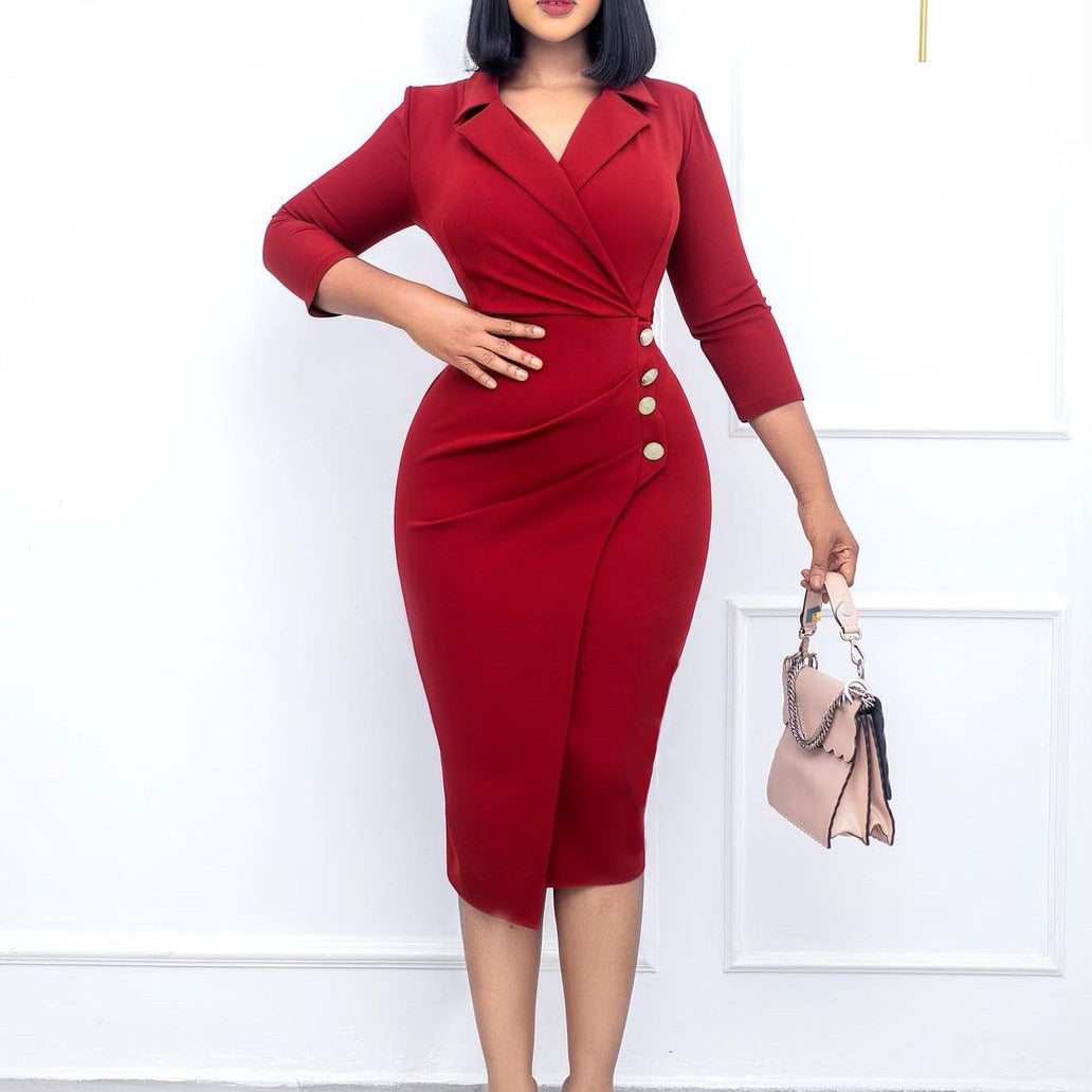 Women Three Quarter Sleeve Sexy V-Neck Slim Midi Dress