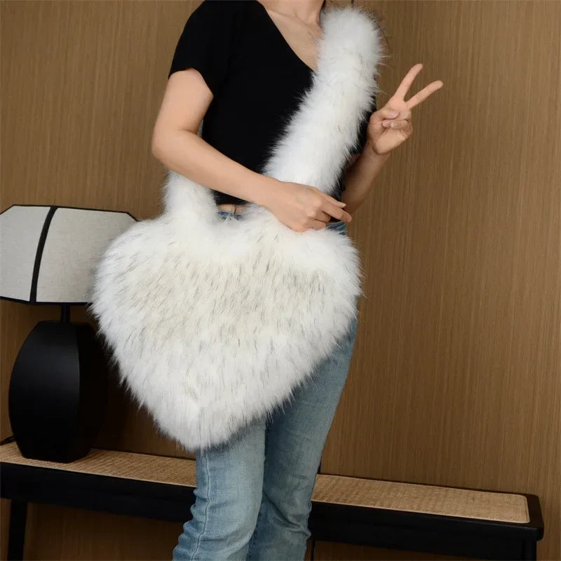 Faux Fur Plush Ladies Heart Shaped Messenger Bag