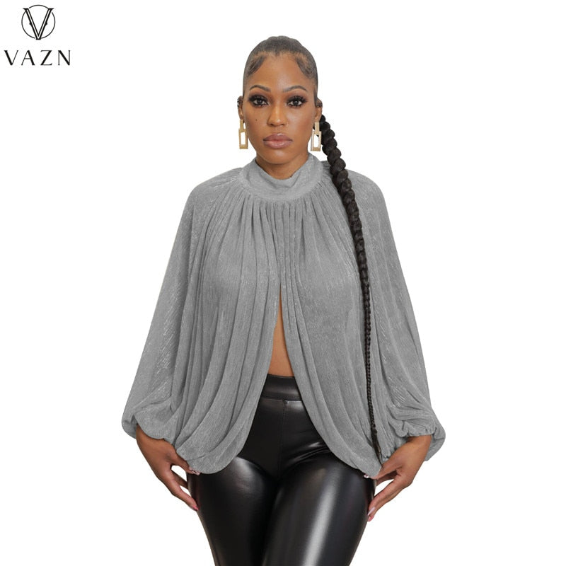 Chiffon See Through Lace Turtleneck Full Sleeve Women Loose Asymmetrical