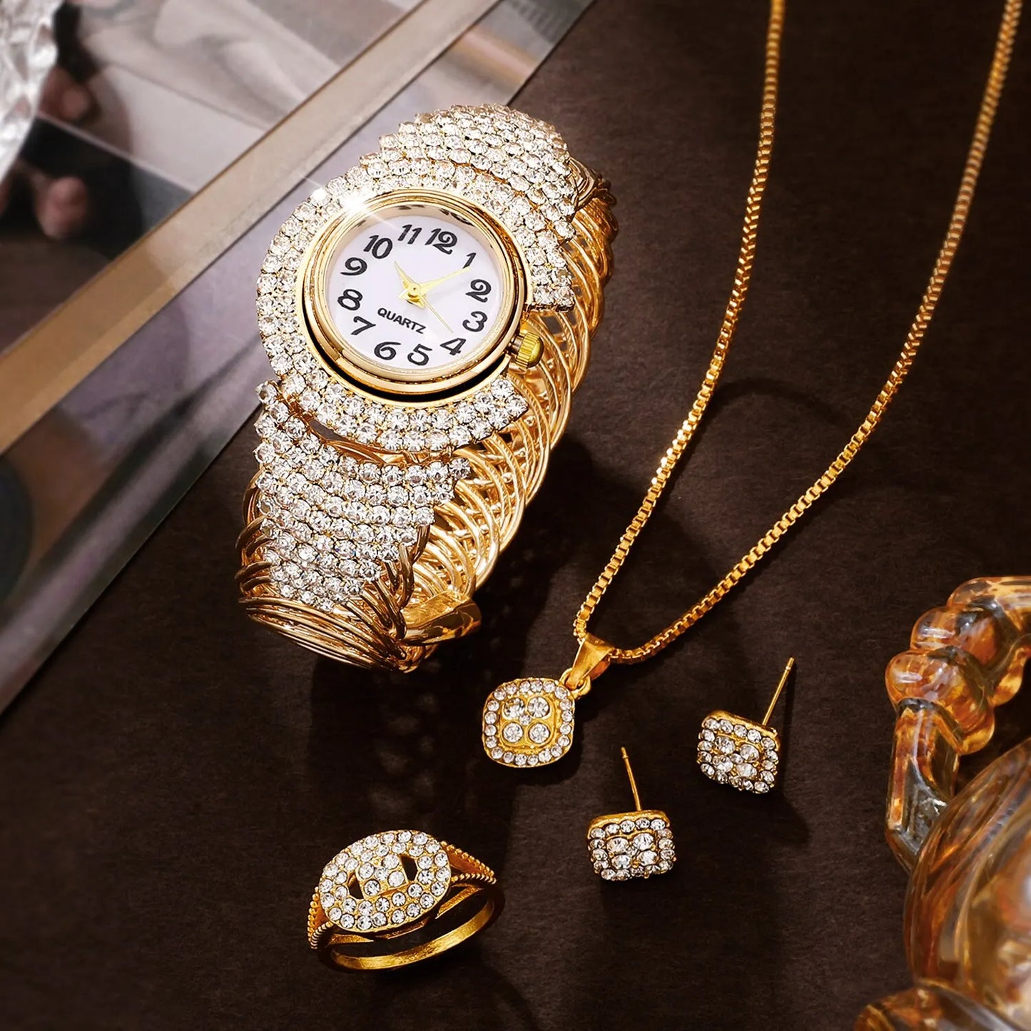 5 PCs Gold Watch set with Rhinestones