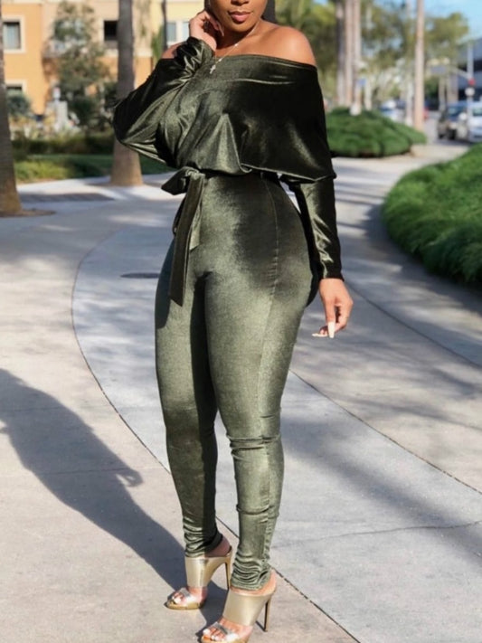 One Shoulder Velour Jumpsuits Long Bat Sleeve