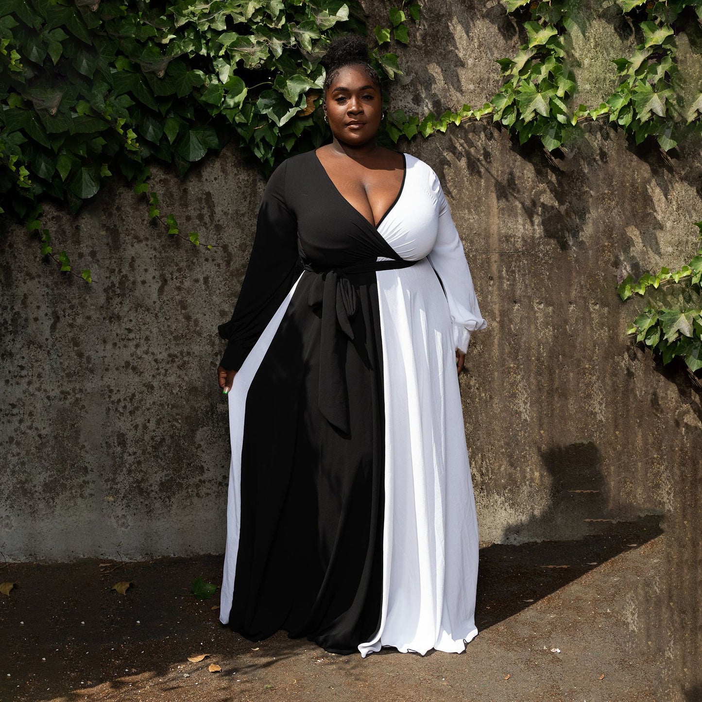 Black White Color-blocked Long Sleeve Wrap Maxi Long Dress
