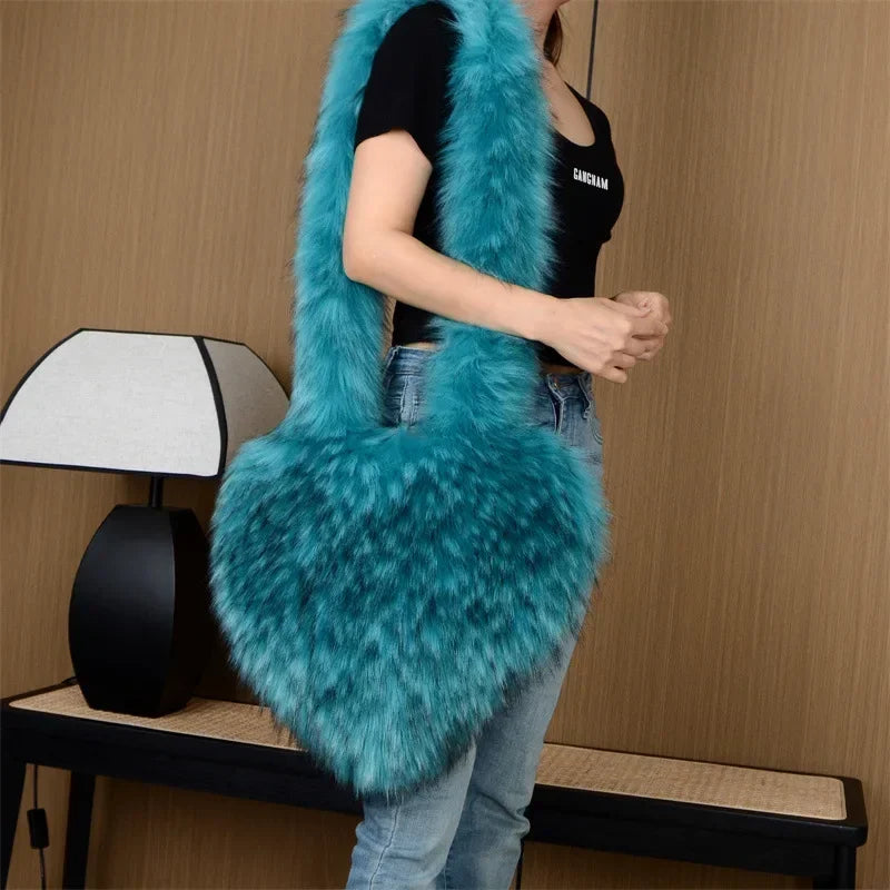 Faux Fur Plush Ladies Heart Shaped Messenger Bag