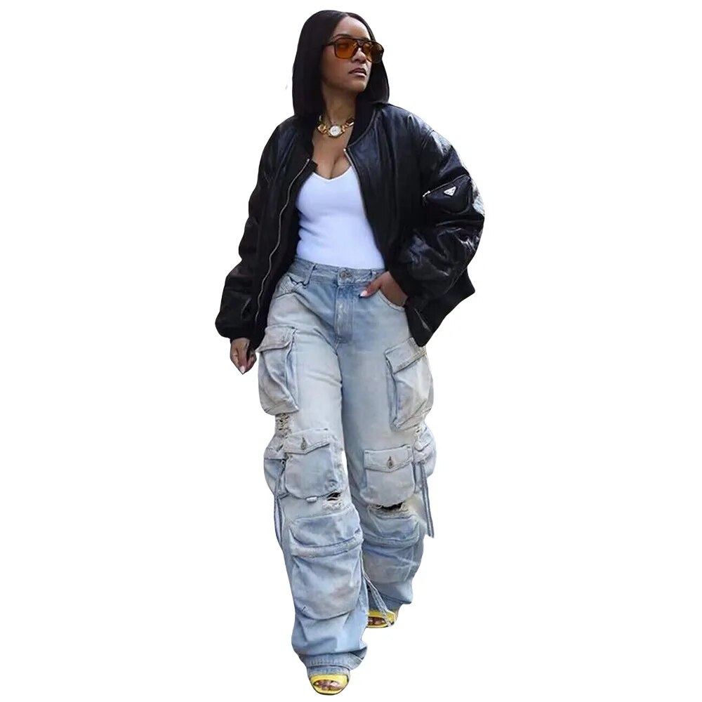 Denim Pocket Pants Wide Leg Cargo Pants