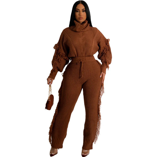 Solid Color Long Sleeve Turtleneck and Fringe Trousers Two Piece