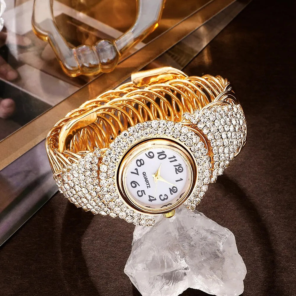 5 PCs Gold Watch set with Rhinestones