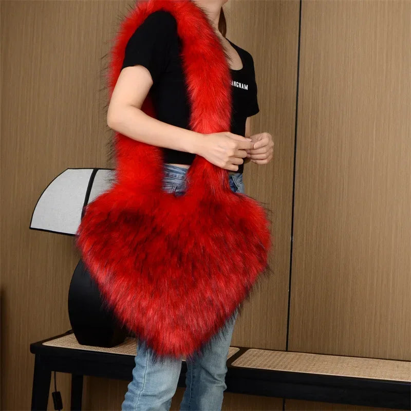 Faux Fur Plush Ladies Heart Shaped Messenger Bag