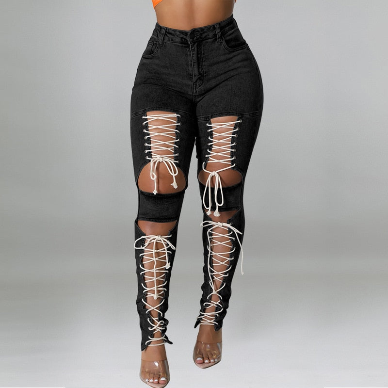 Jeans Hollow Out Bottoms Eyelet Lace Up Women Denim Pants