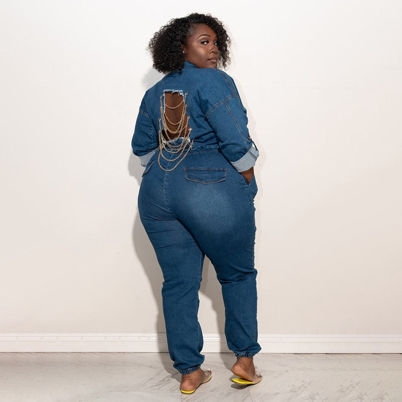 Plus Size Women Jean Jumpsuit Backless Chain