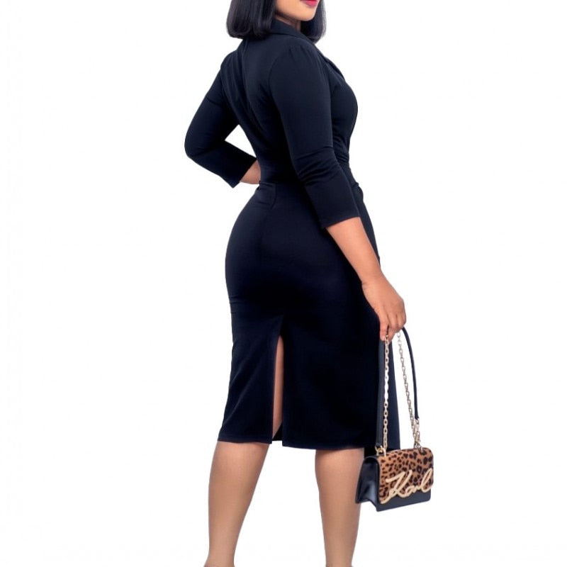 Women Three Quarter Sleeve Sexy V-Neck Slim Midi Dress