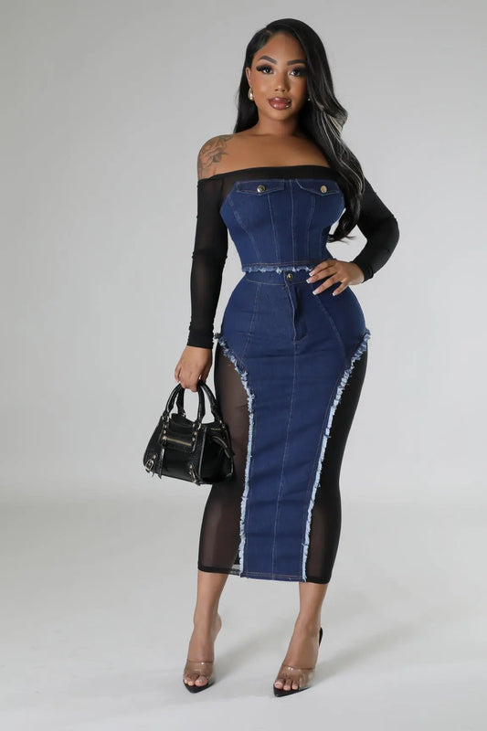 Denim Two Piece Mesh Sheer Skirt Set