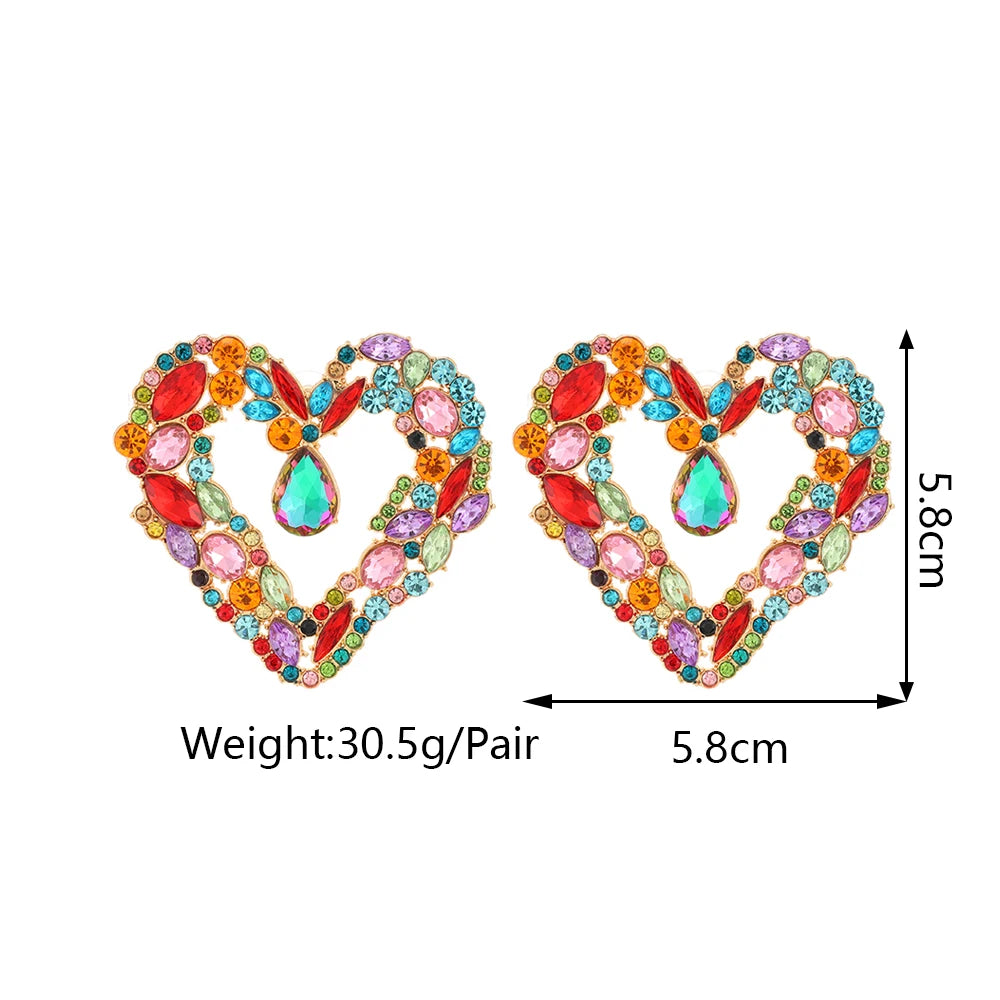 Heart Crystal Big Stud Earrings Boho