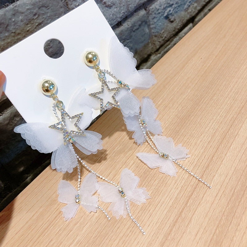 Long White Butterfly Earrings Bohemian Tassel