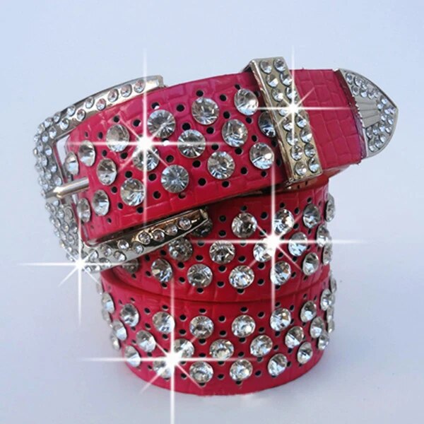 wide cowhide hollowed-out rhinestone inlaid belt