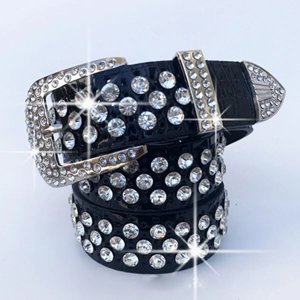 wide cowhide hollowed-out rhinestone inlaid belt