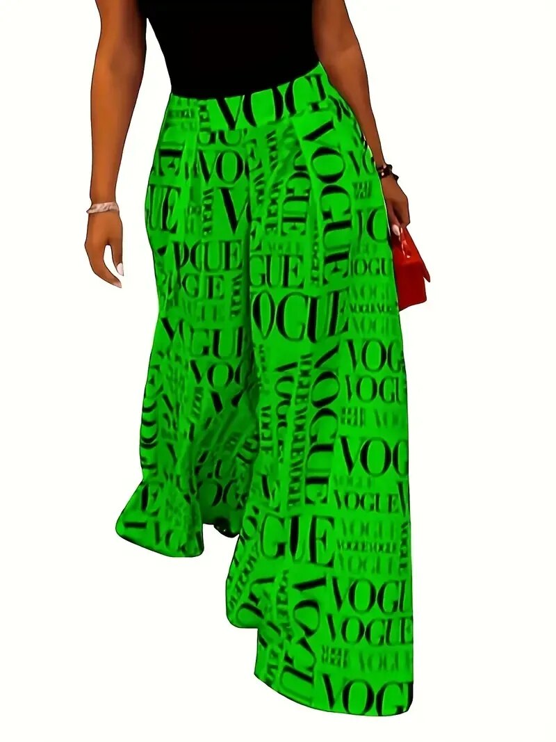 Letter Print High Waist Pocket Elastic Wide Leg Pants