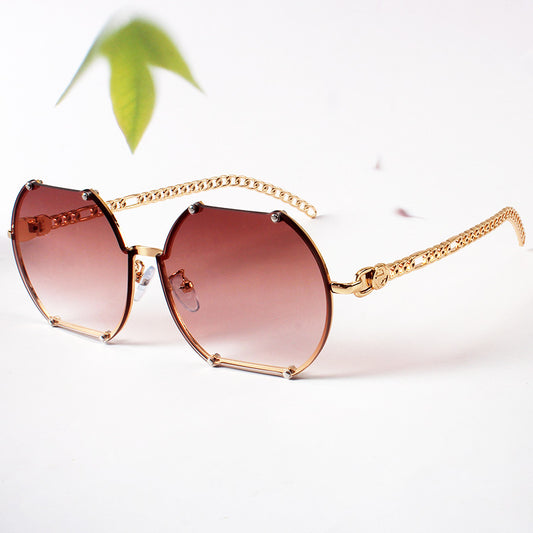 Irregularly Trimmed Rimless Sunglasses, Rivet Chain Legs, Street Photography Sunglasses