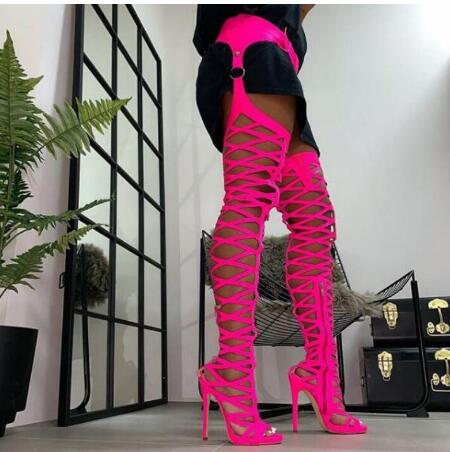 Hollow Out Wasit Pants Thigh High Sandals Boots Woman Neon Yellow Fashion Peep Toe Over the Knee Long Sandals Boots Lady