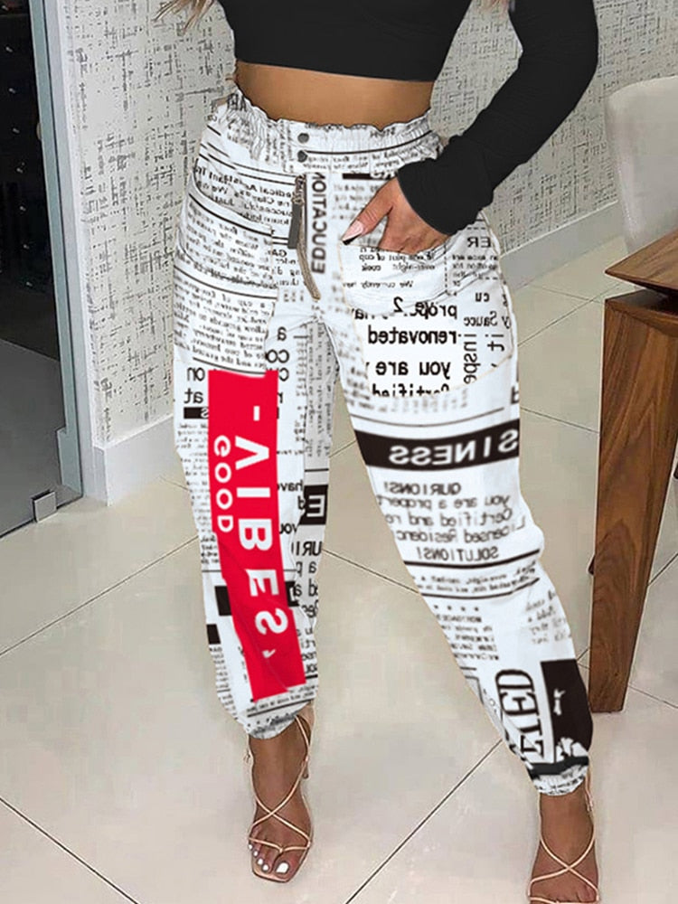 Newspaper Print Zipper Design High Waist Pants