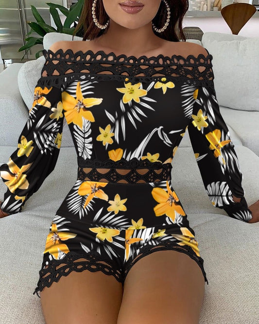 Women Off Shoulder White Black Regular Rompers Solid Color Lace Patchwork Slash Neck Hollow Out Playsuits