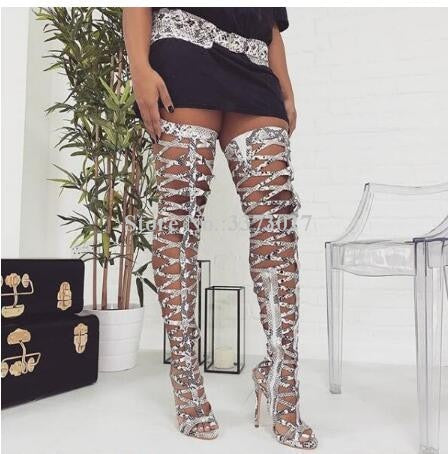 Hollow Out Wasit Pants Thigh High Sandals Boots Woman Neon Yellow Fashion Peep Toe Over the Knee Long Sandals Boots Lady