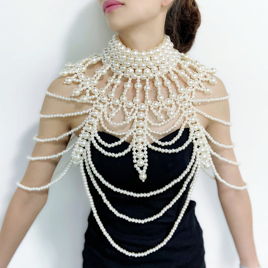 Pearl Shoulder Cape Statement Necklaces Layered Beaded Pendants Necklace