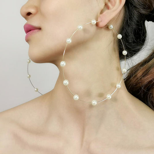 12cm Oversized Stainless Steel Wire Hoop Earrings Large Imitation Pearl