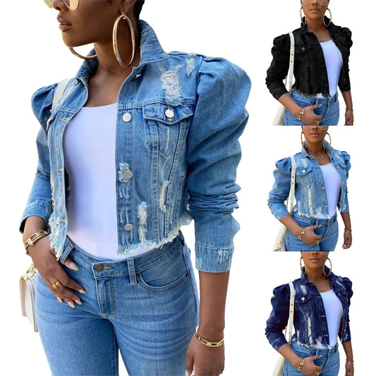 Ripped Denim Jacket Casual Long Puff Sleeve Button Down Cropped