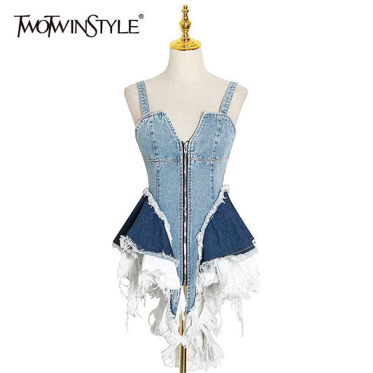 Sexy Patchwork Denim Women Tops Square Collar Sleeveless Spaghetti Strap Tunic Mesh Ruffles