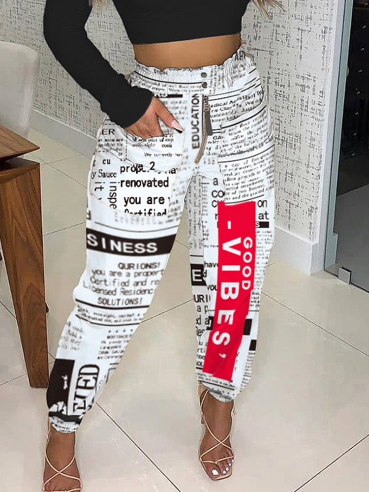 Newspaper Print Zipper Design High Waist Pants