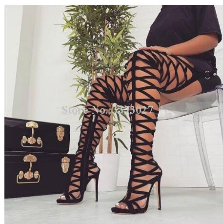 Hollow Out Wasit Pants Thigh High Sandals Boots Woman Neon Yellow Fashion Peep Toe Over the Knee Long Sandals Boots Lady