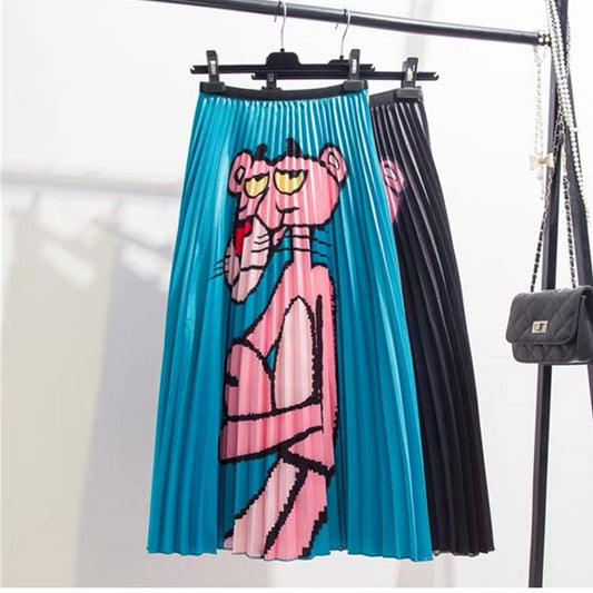 Cartoon Pleated Skirts  High Waisted Elastic Midi-Calf Long Skirt