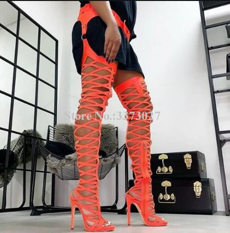 Hollow Out Wasit Pants Thigh High Sandals Boots Woman Neon Yellow Fashion Peep Toe Over the Knee Long Sandals Boots Lady