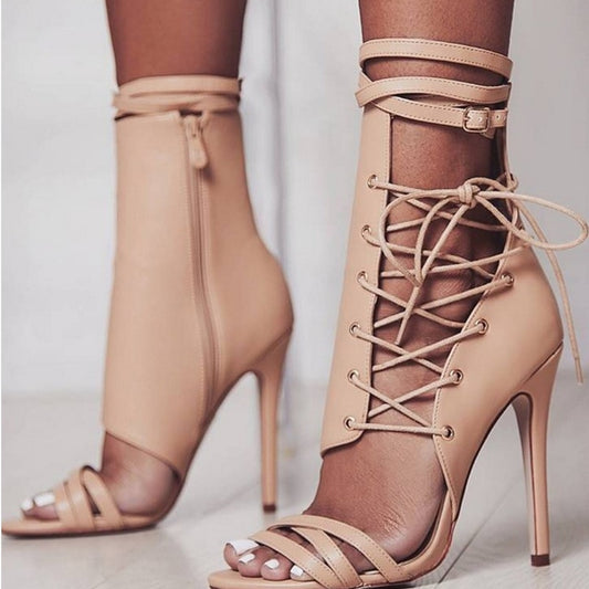 Roman Buckle Strap Shoes Women Sandals Sexy Gladiator Lace Up Peep Toe Sandals