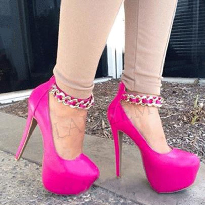 LAIGZEM SEXY Women Party Platform Heels Ankle Metal Chain Pumps Round Toe Sandals Stiletto Shoes Tacones Mujer Large Size 34-52 Custom Color Selection