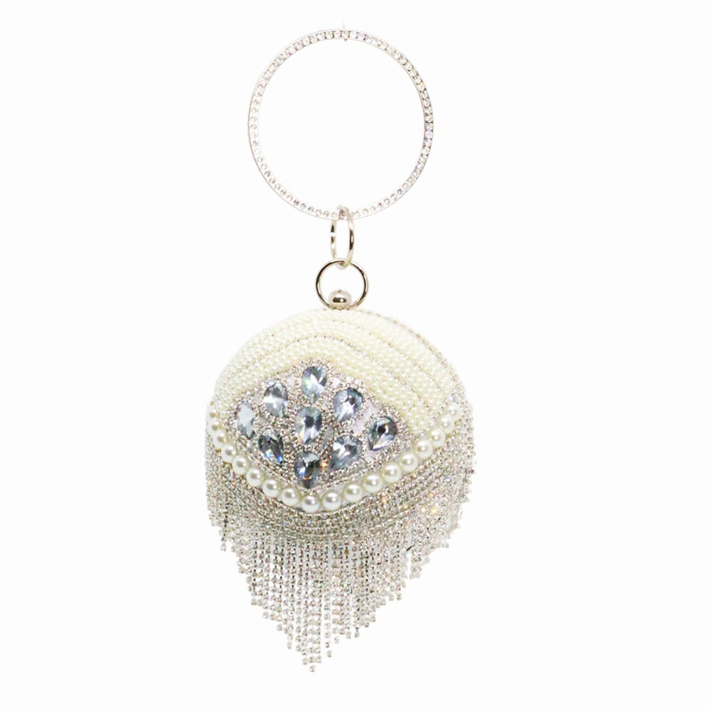 New Round Ball Silver Evening Bags  Crystal Clutch Circular Chain Tassels
