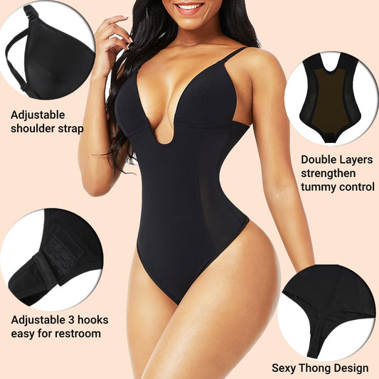 Bodysuit Shapewear Deep V-Neck Body Shaper Backless U Plunge Thong Shapers