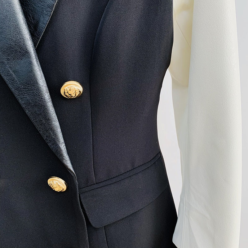 HIGH STREET New Fashion 2023 Stylish Blazer Varsity Jacket Women's Leather Sleeve Patchwork Lion Buttons Blazer
