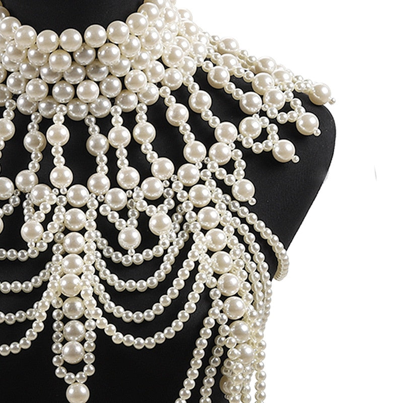 Pearl Shoulder Cape Statement Necklaces Layered Beaded Pendants Necklace