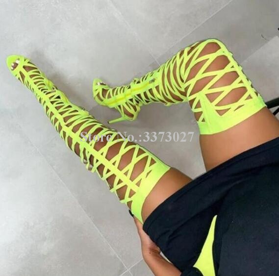 Hollow Out Wasit Pants Thigh High Sandals Boots Woman Neon Yellow Fashion Peep Toe Over the Knee Long Sandals Boots Lady