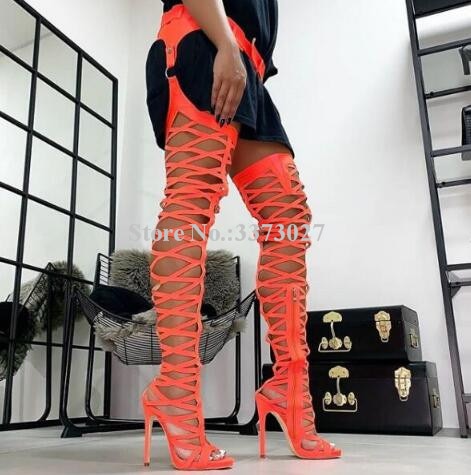 Hollow Out Wasit Pants Thigh High Sandals Boots Woman Neon Yellow Fashion Peep Toe Over the Knee Long Sandals Boots Lady