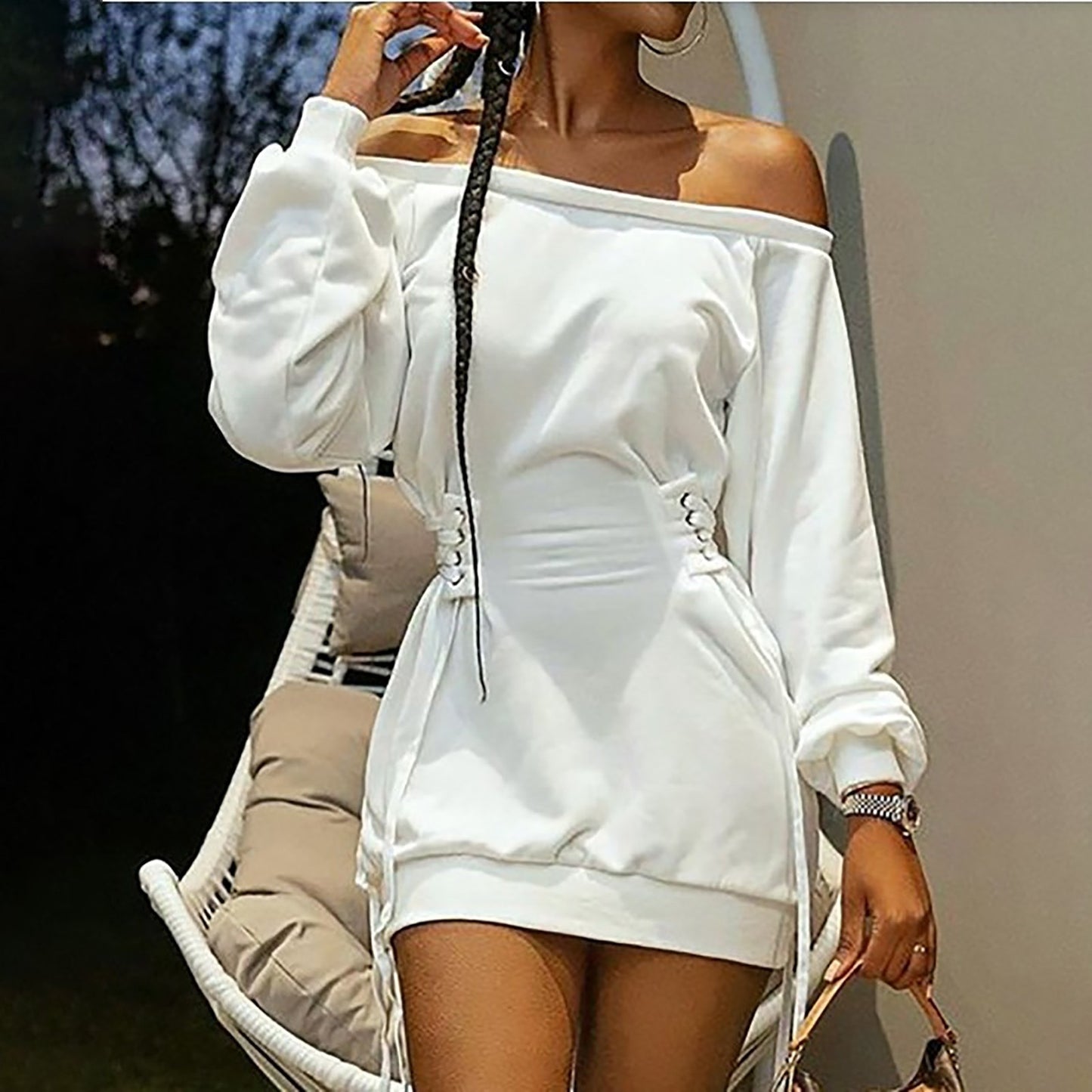 Women Abstract Face Print Dress Off Shoulder Lace Up Drawstring Sweatshirts Dresses Long Sleeve Oversized Hoodie Dress Vestidos