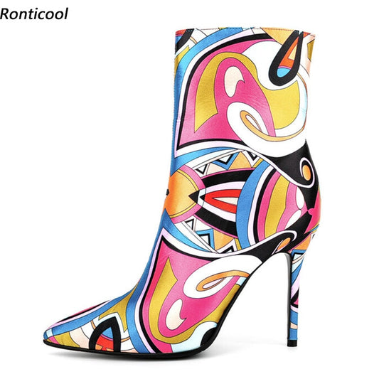 Ronticool Handmade Women  Ankle Boots Printed Stiletto Heels Pointed Toe Gorgeous Multicolor Party Shoes Size 5-13