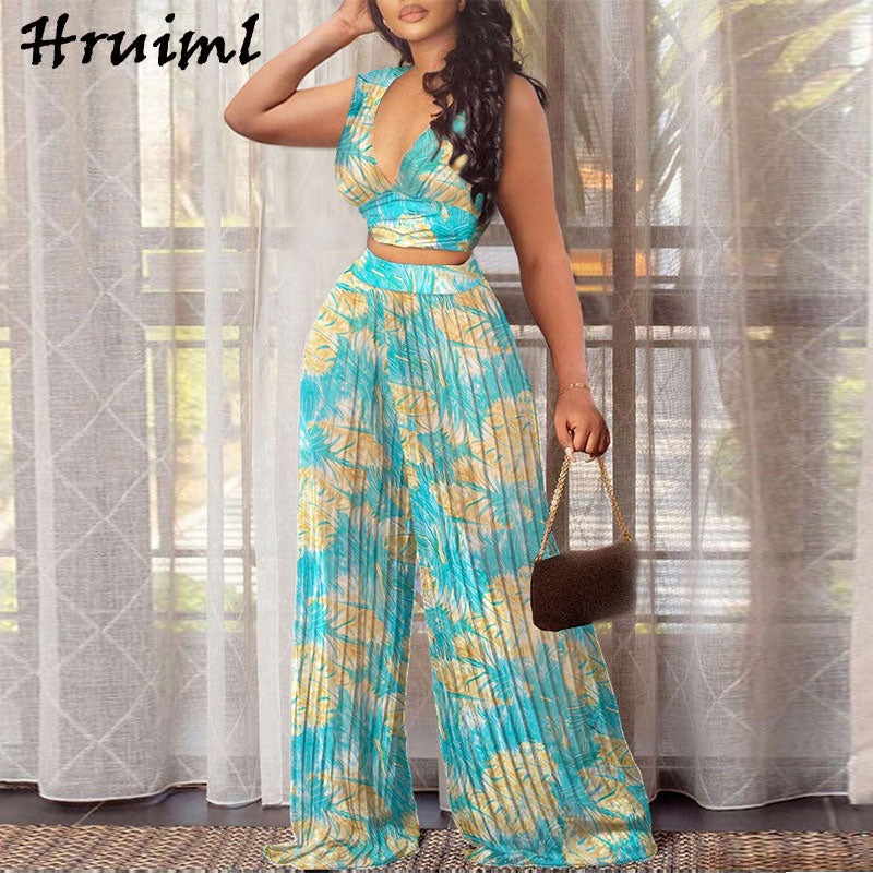 Floral Print Sleevless Crop Top Wide Leg Pants Suit S-3XL 2 Piece Set