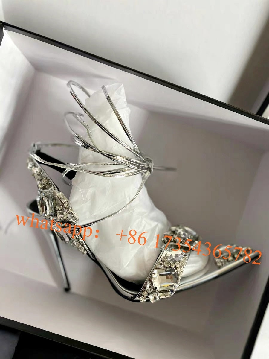 Metallic Crystal Ankle-Tie Sandals Women Lace up Rhinestones Luxury Design High Heels 2022 Spring New Runway Sandals Shoes