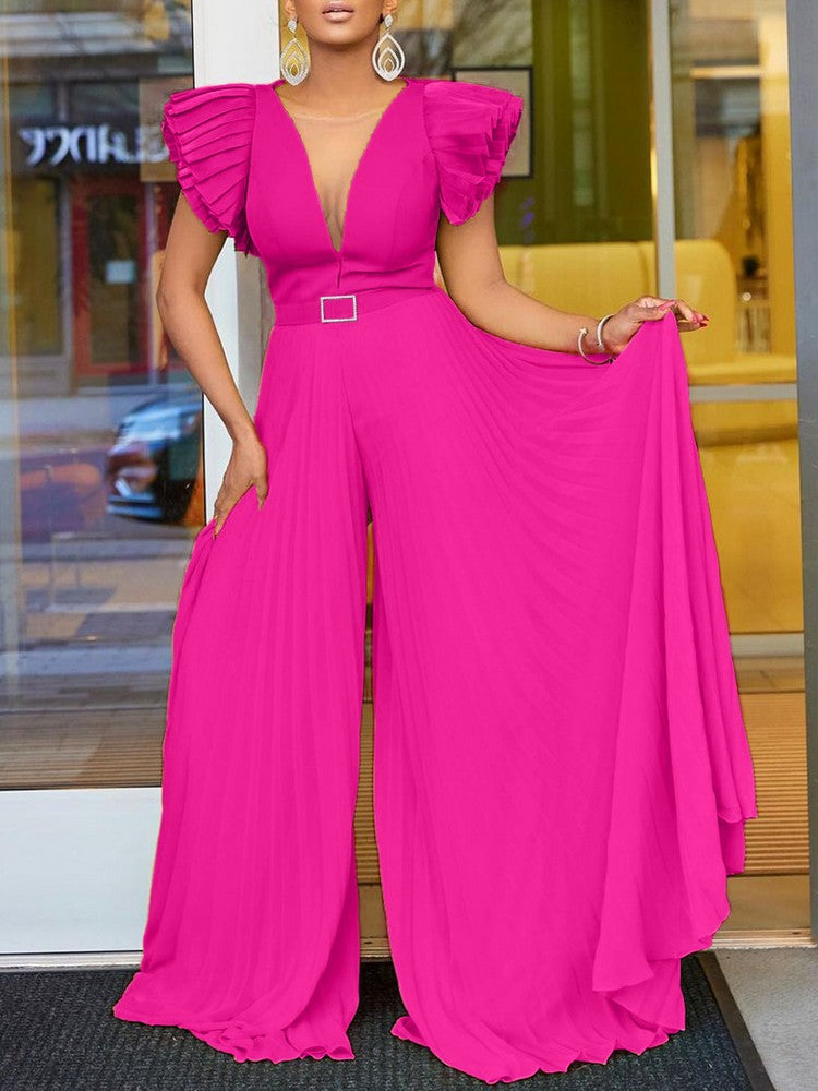 Office Lady Mesh Patchwork Pleated Loose Romper Elegant Fashion Cascading Ruffle Sleeveless High Waist Wide Leg Formal Jumpsuits